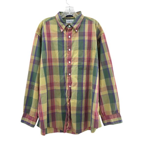 American VINTAGE XL F.A. MacCluer Men's Button Down Green Yellow Plaid Shirt - Picture 1 of 4